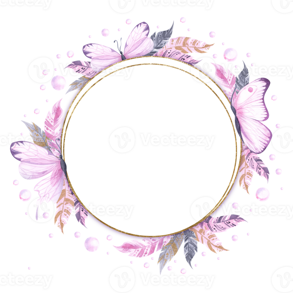 Happy Valentines day, spring, woman's day card. Watercolor butterfly and feathers greeting design. Beautiful holiday illustration. Hand drawn round frame. Luxury boho style. Bohemian png