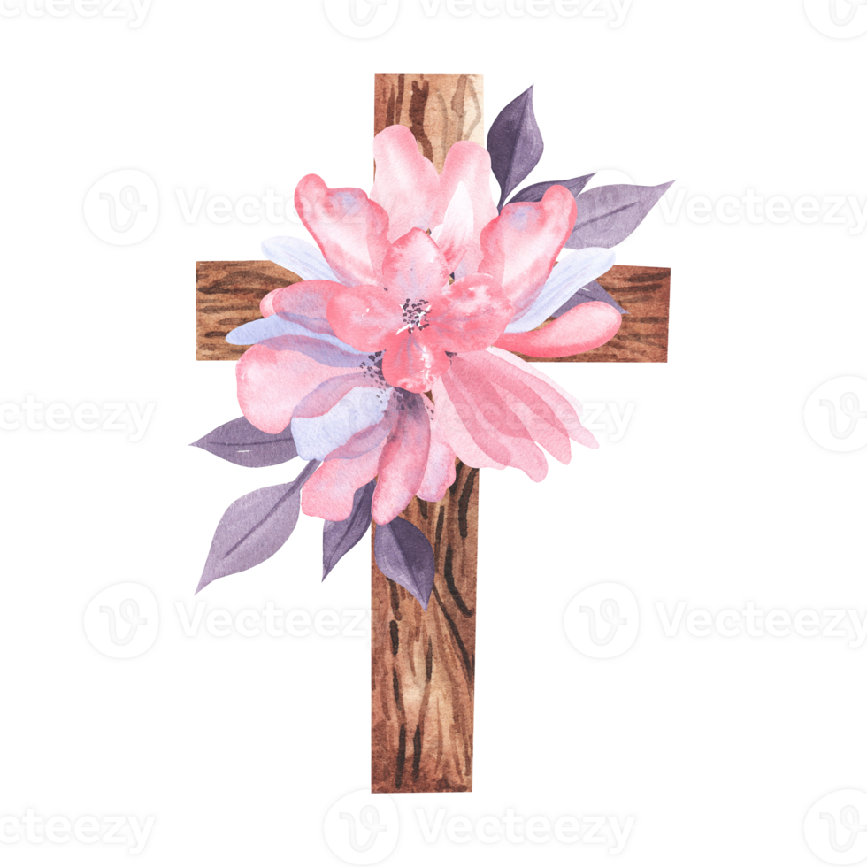 Watercolor cross with abstract pink flowers. Easter catholic religious symbol. Orthodox cross for church and holidays. Latin symbol of the saint and spring floral arrangement png