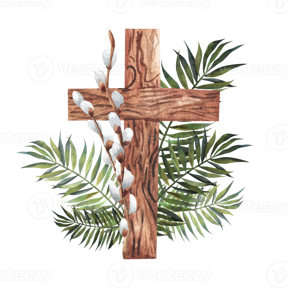 Easter cross with catkins on wooden background, palm sunday religious concept abstract. Willow twigs and palm leaves composition. For design. religious, flyer, template png