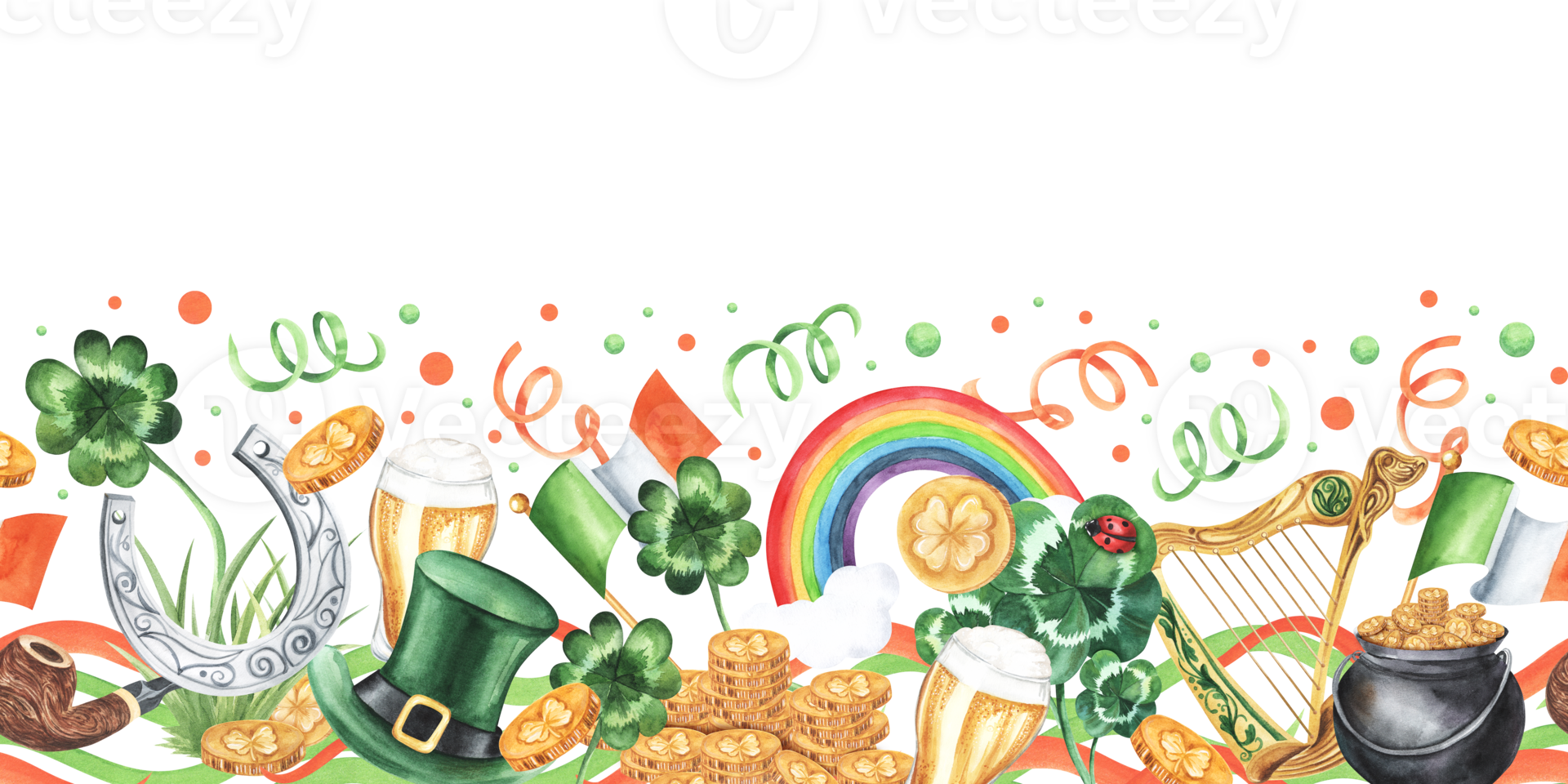 St. Patrick's Day watercolor seamless border. Rainbow, harp, pot of gold, coins money, clover, beer, flag of ireland. Hand drawn illustration . For print, design, invitations, etc. png