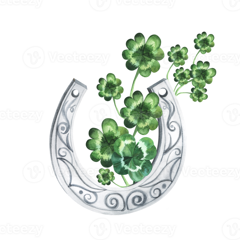 Illustration of hand drawn watercolor horseshoe with clover. Symbols of Ireland and luck. St. Patricks day, lucky charms. png