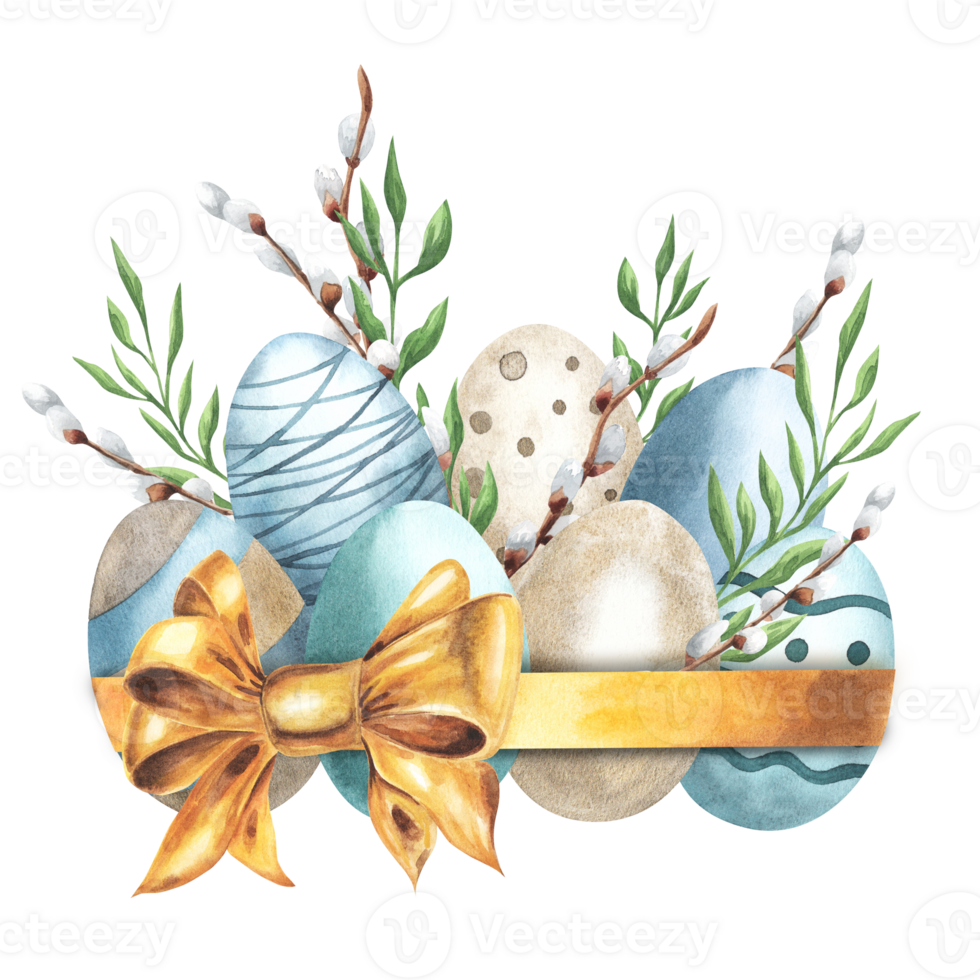 Easter composition with eggs, golden bow, willow twigs and green leaves. Hand drawn watercolor illustration. Boho style pale colors. For cards, design, invitation, packaging. png