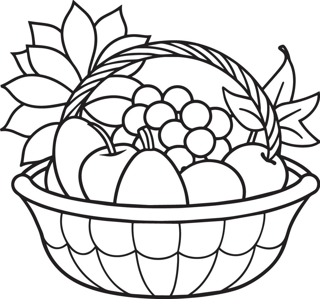 basket with fruits illustration black and white vector