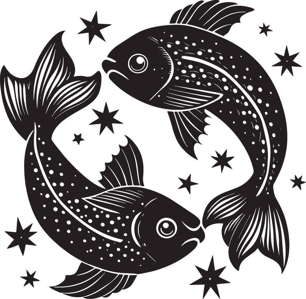 set of cartoon fish illustration black and white vector