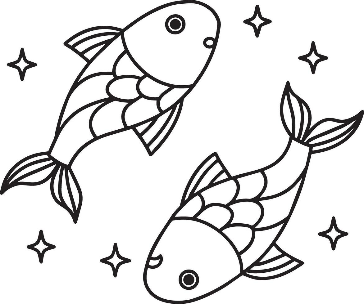 set of cartoon fish illustration black and white vector