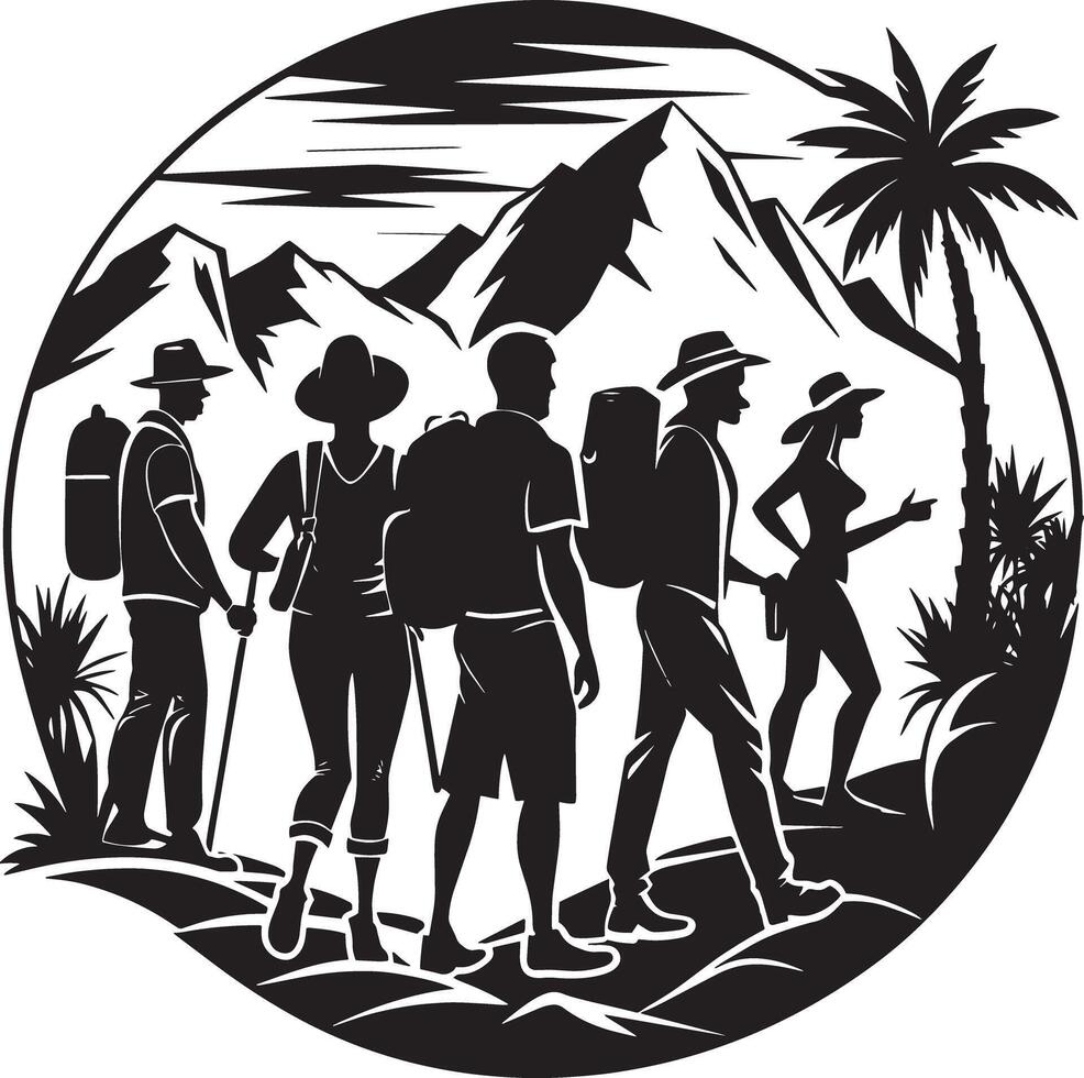 silhouettes of tourist people on the beach illustration black and white vector