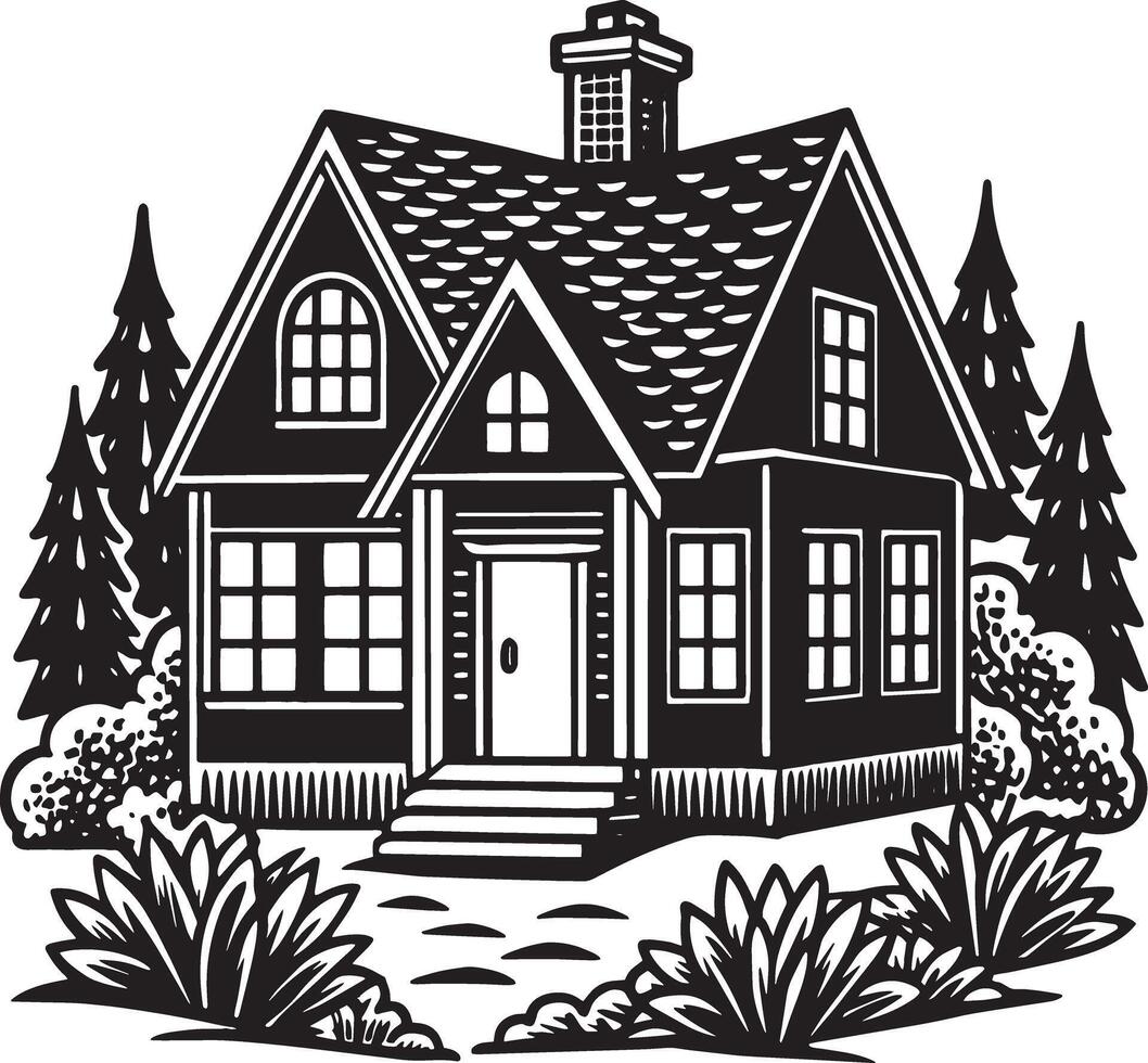 hand drawn house with trees illustration black and white vector