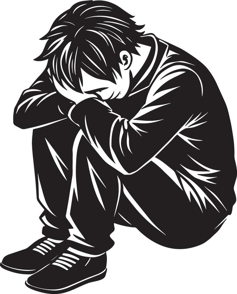 silhouette of a alone person sitting illustration black and white vector