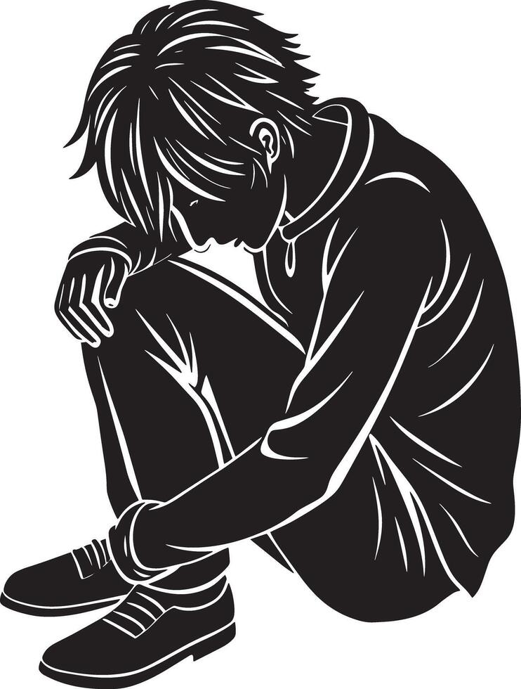 sad man sitting illustration black and whit silhouette vector