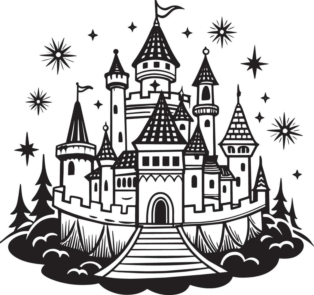 illustration of a castle Illustration black and white vector