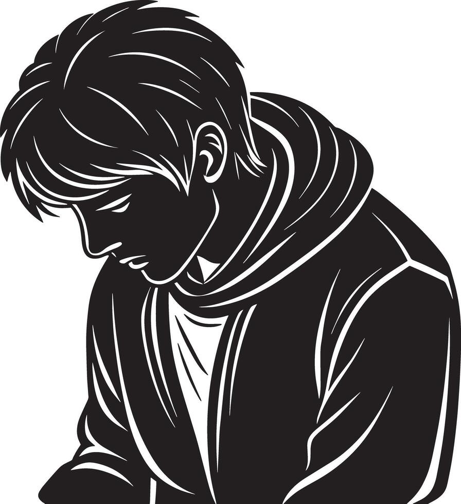 sad man sitting illustration black and whit silhouette vector
