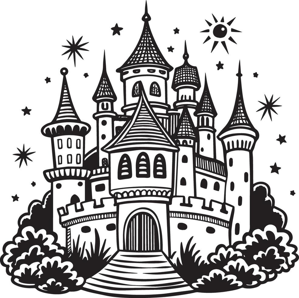 illustration of a castle Illustration black and white vector