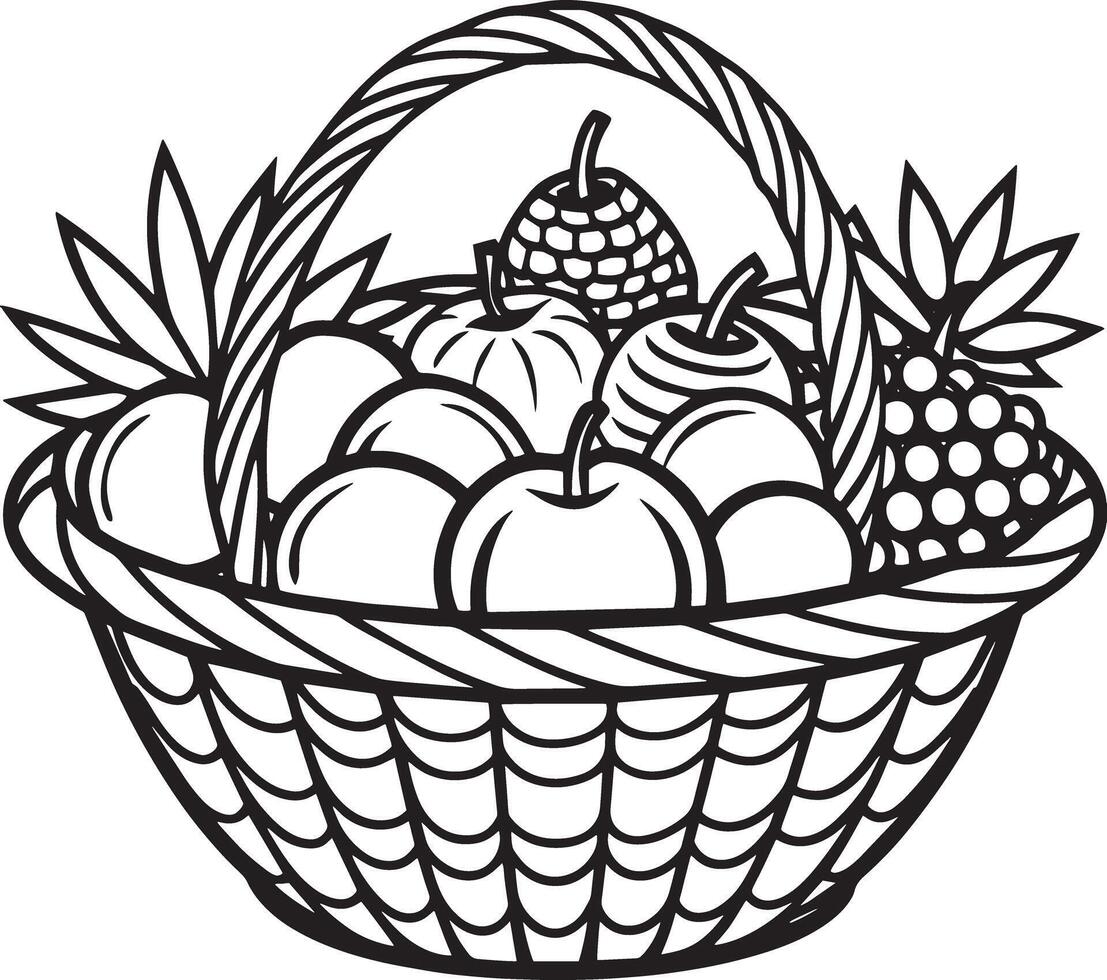 basket with fruits illustration black and white vector