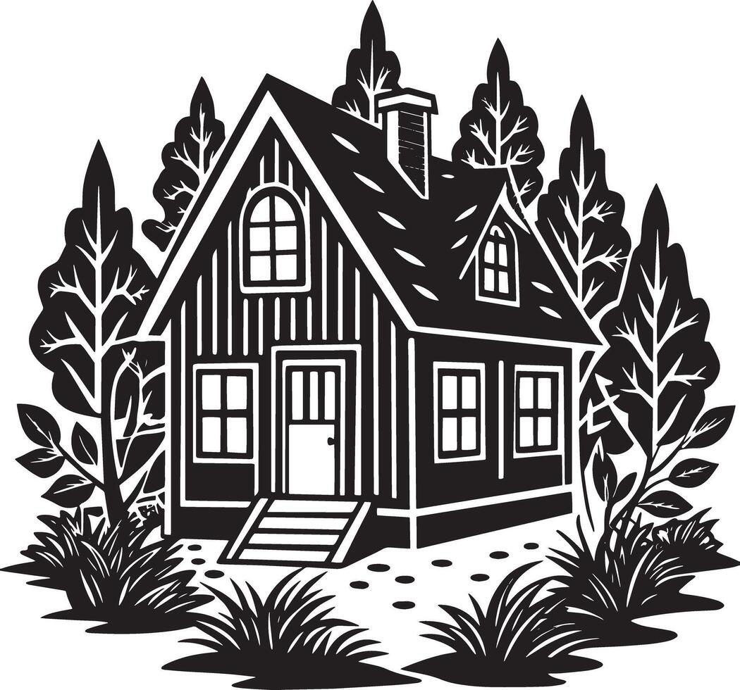 hand drawn house with trees illustration black and white vector