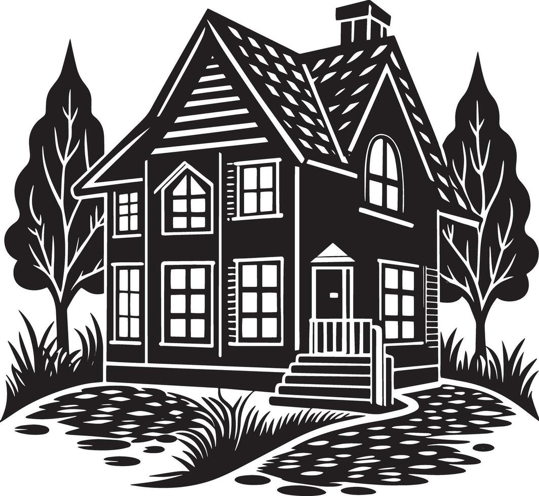 hand drawn house with trees illustration black and white vector