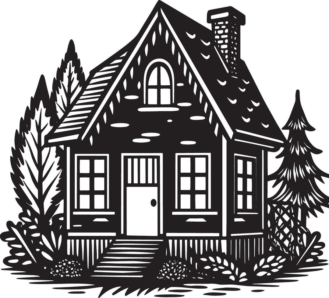 hand drawn house with trees illustration black and white vector