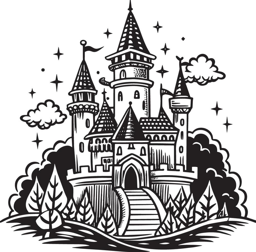 illustration of a castle Illustration black and white vector