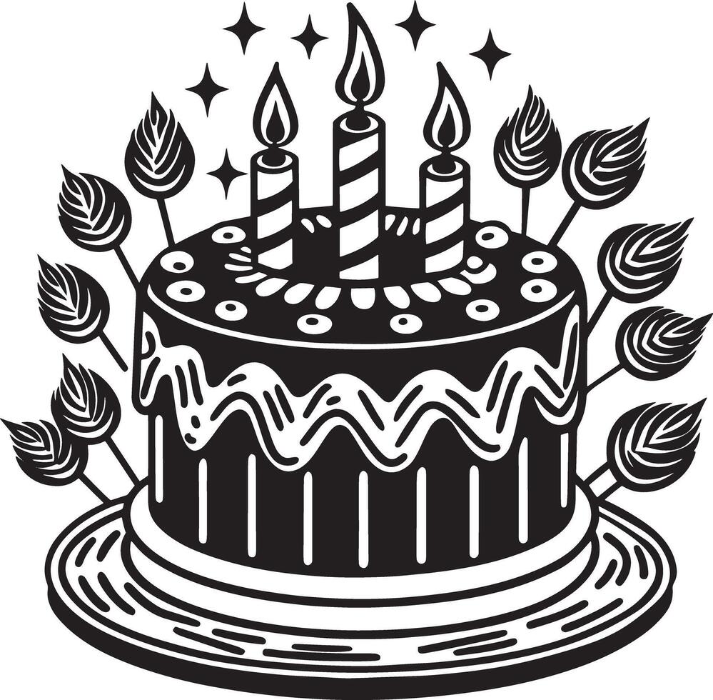 birthday cake with candles black and white illustration vector