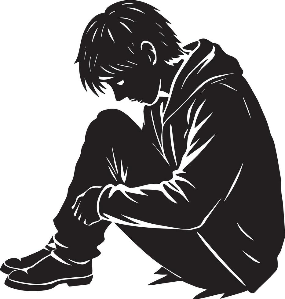 sad man sitting illustration black and whit silhouette vector