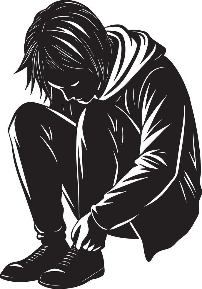 silhouette of a alone person sitting illustration black and white vector