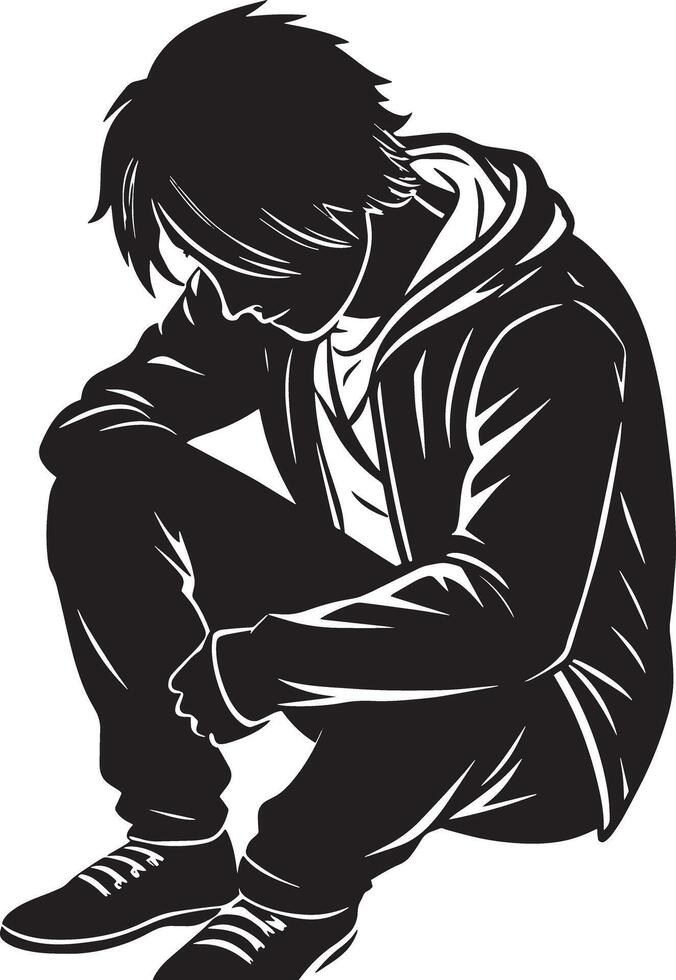 sad man sitting illustration black and whit silhouette vector