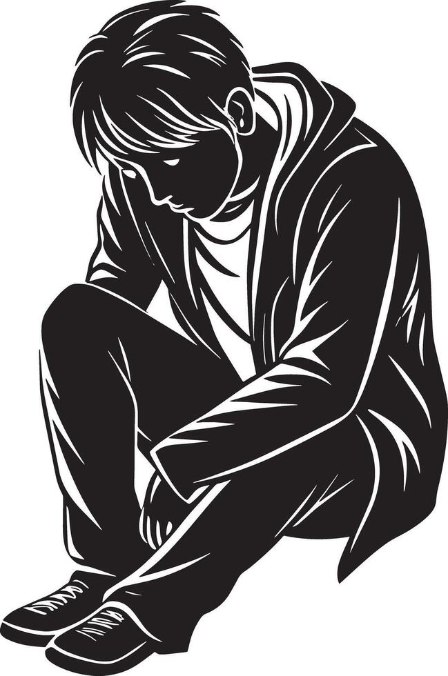 silhouette of a alone person sitting illustration black and white vector