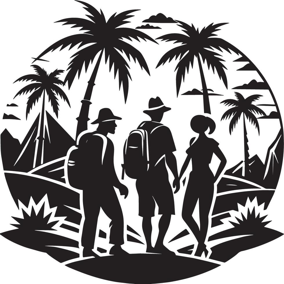silhouettes of tourist people on the beach illustration black and white vector
