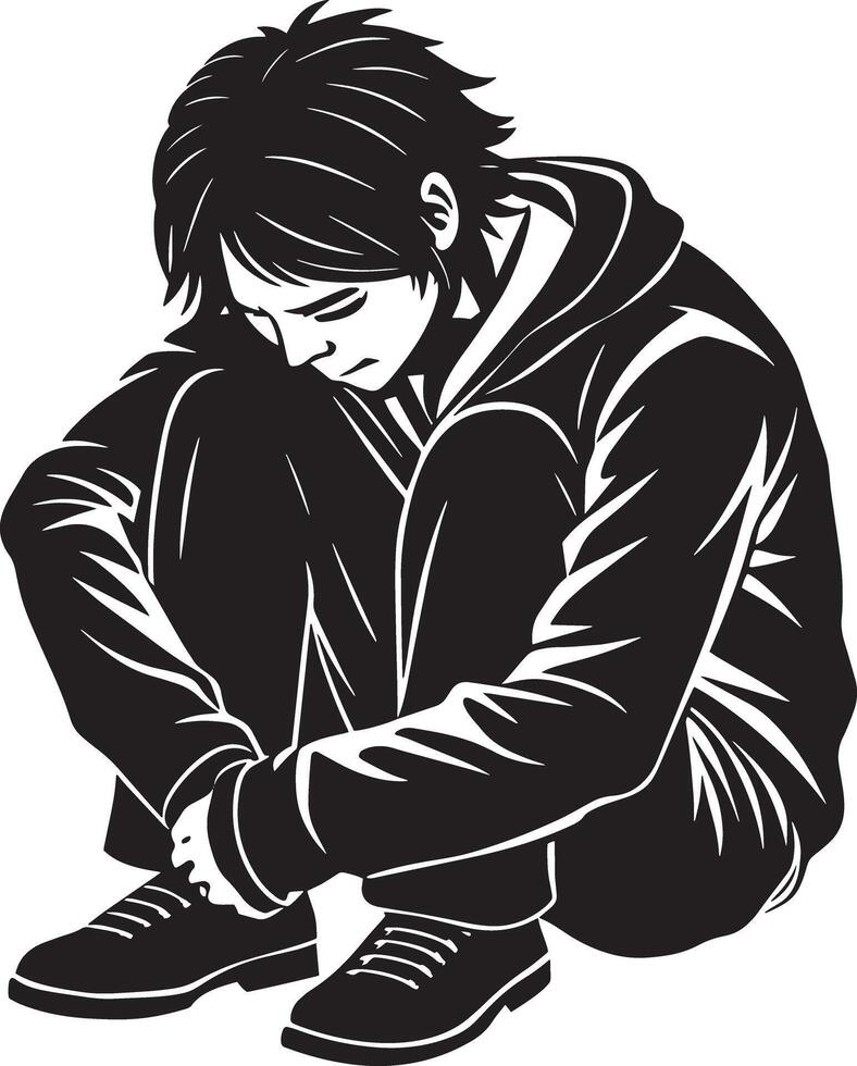 sad man sitting illustration black and whit silhouette vector