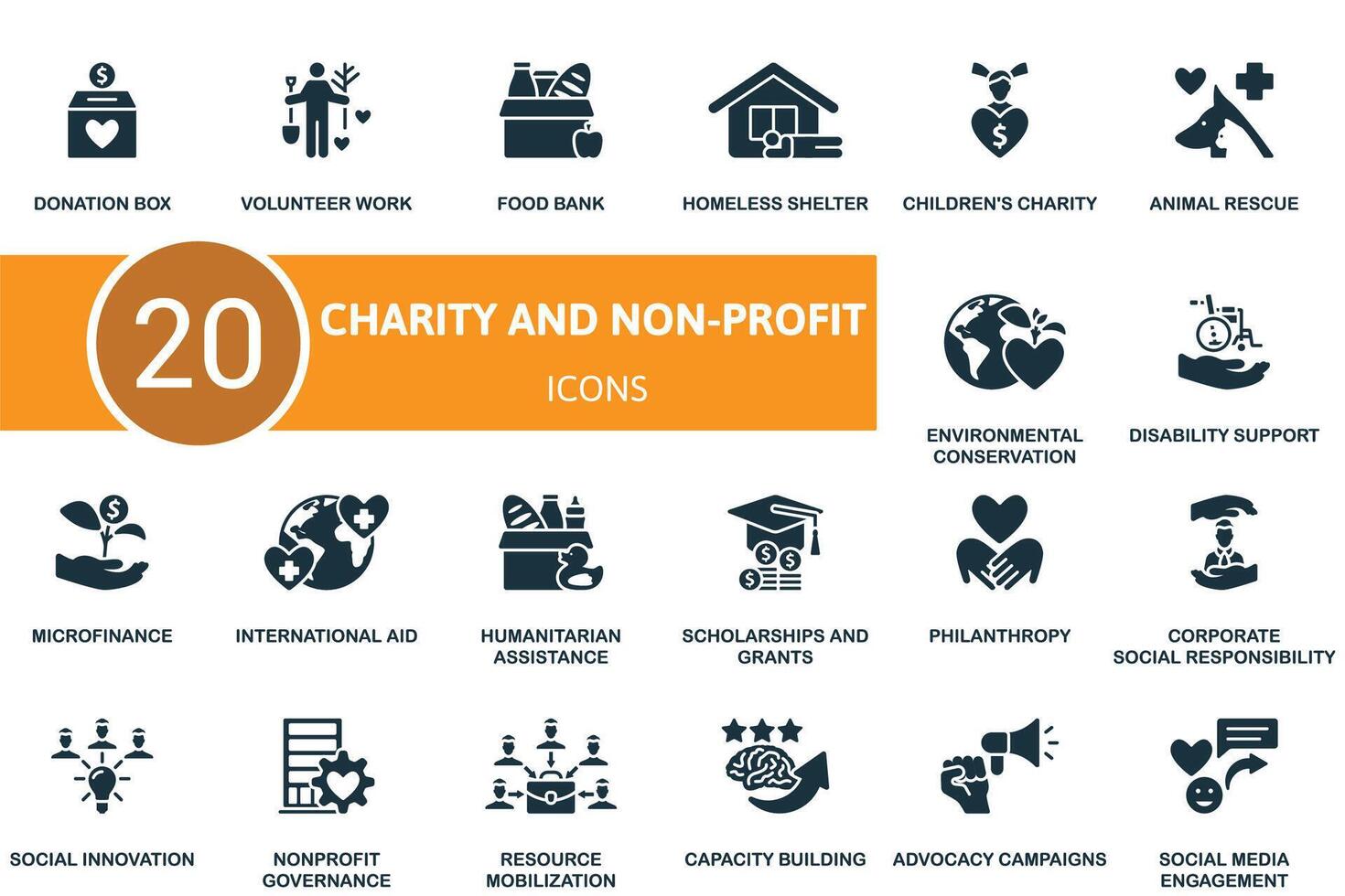 Charity and non-profit set. Creative icons. Editable elements. vector