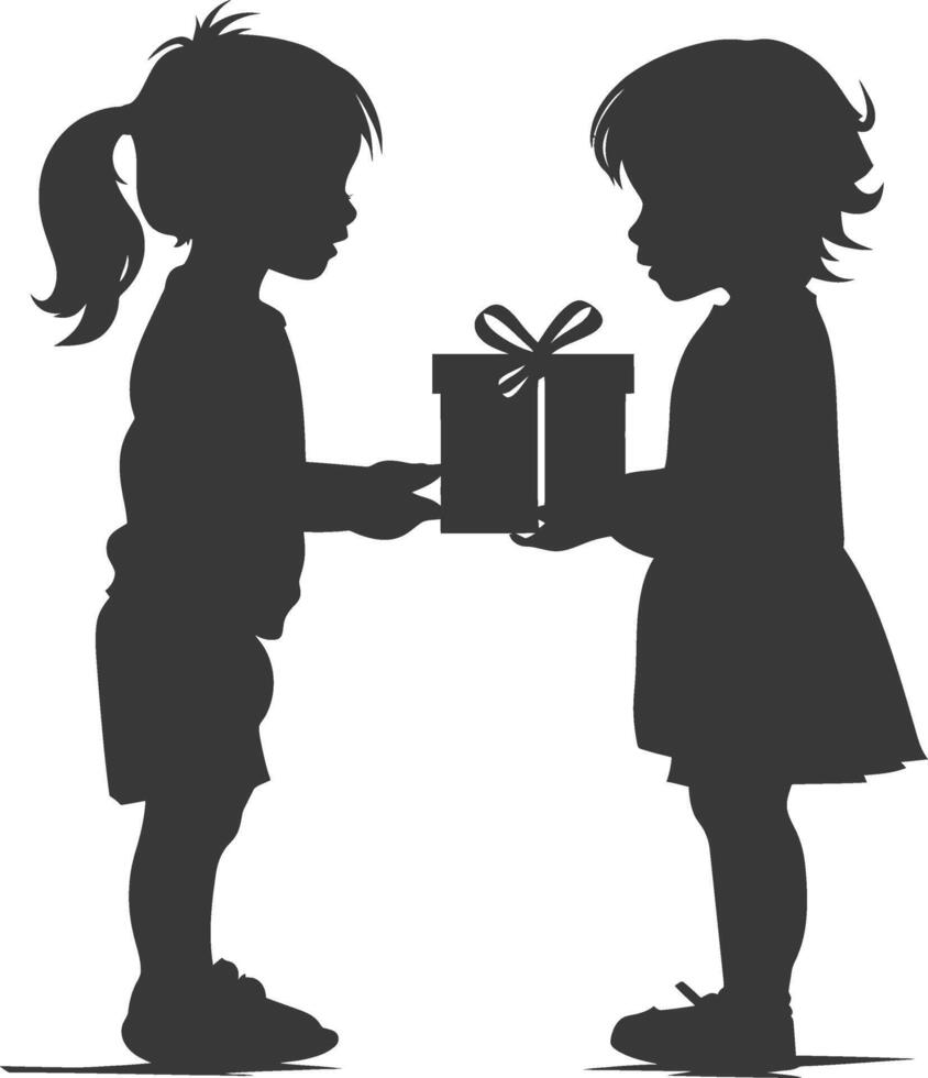 silhouette little girl and little boy couple exchange gift box black color only vector