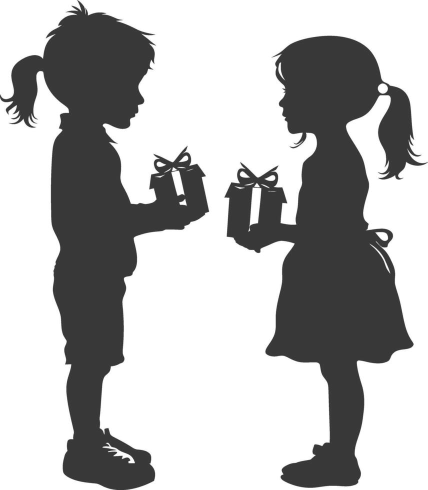 silhouette little girl and little boy couple exchange gift box black color only vector