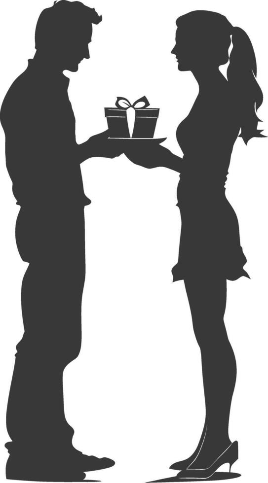 silhouette man and women couple exchanging gifts black color only vector