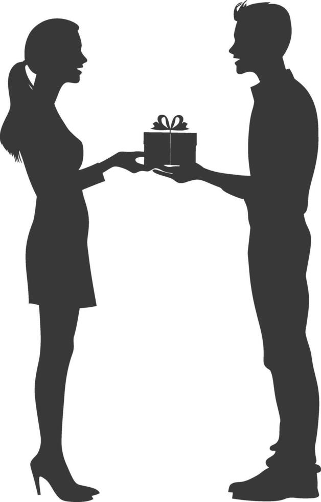 silhouette man and women couple exchanging gifts black color only vector