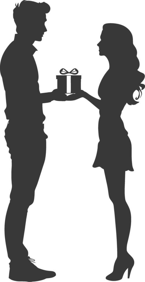 silhouette man and women couple exchanging gifts black color only vector