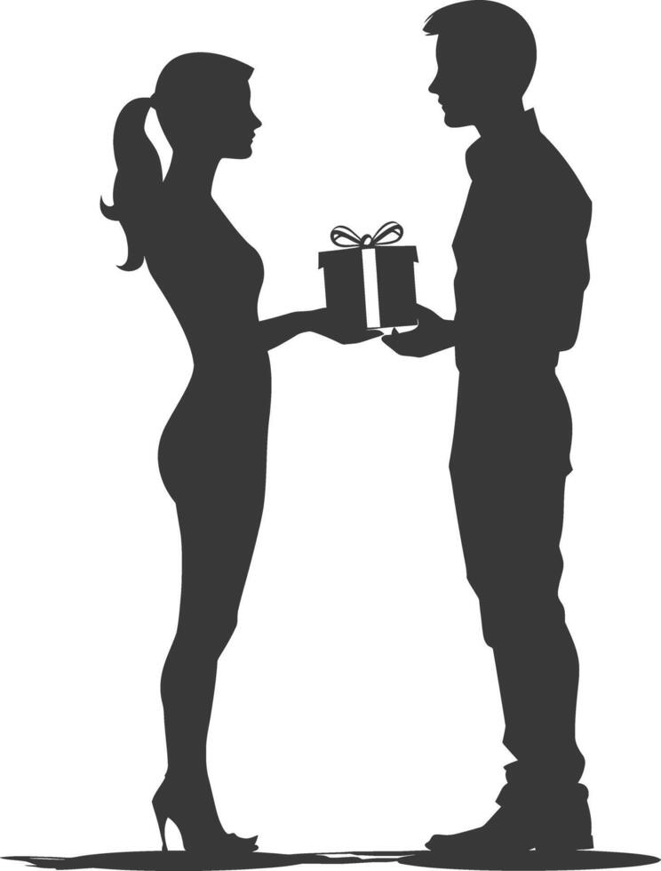 silhouette man and women couple exchanging gifts black color only vector