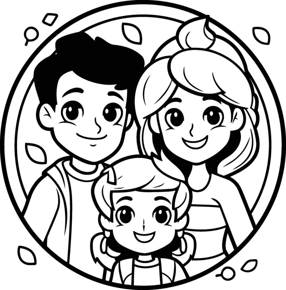 Happy family. Black and white illustration for coloring book or page. vector