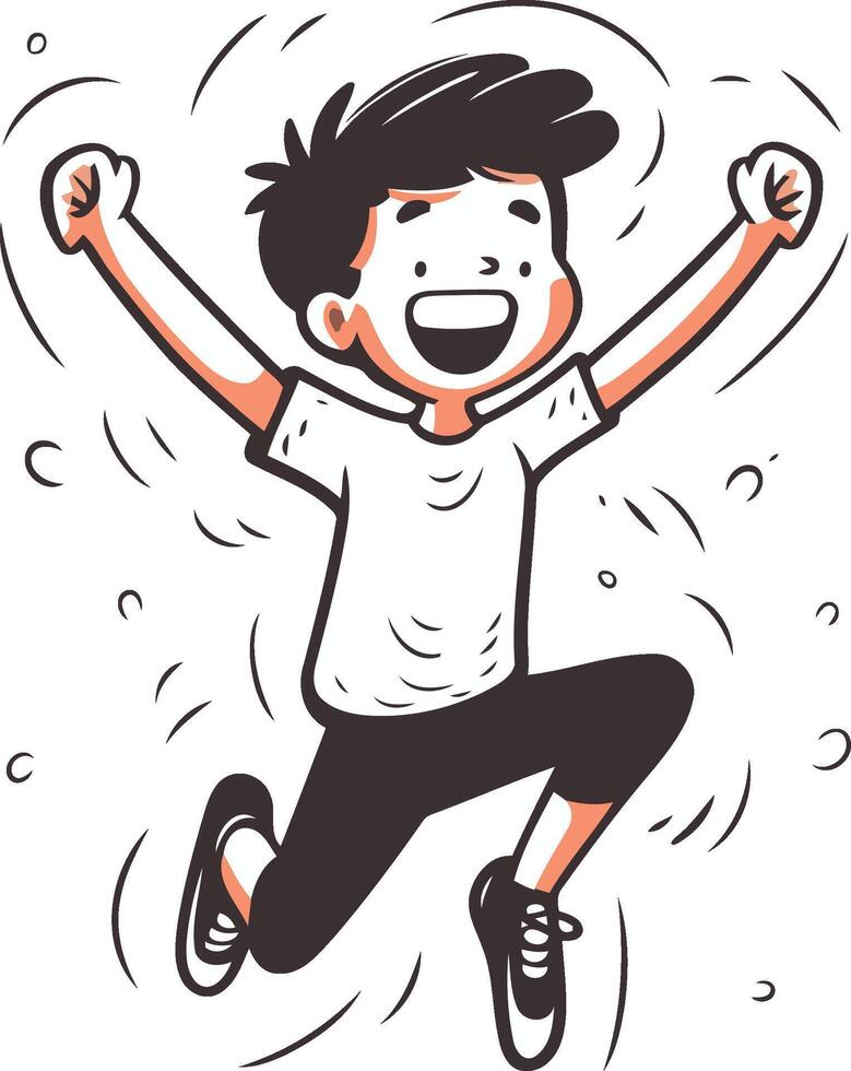 Happy boy jumping with raised hands in cartoon style. vector