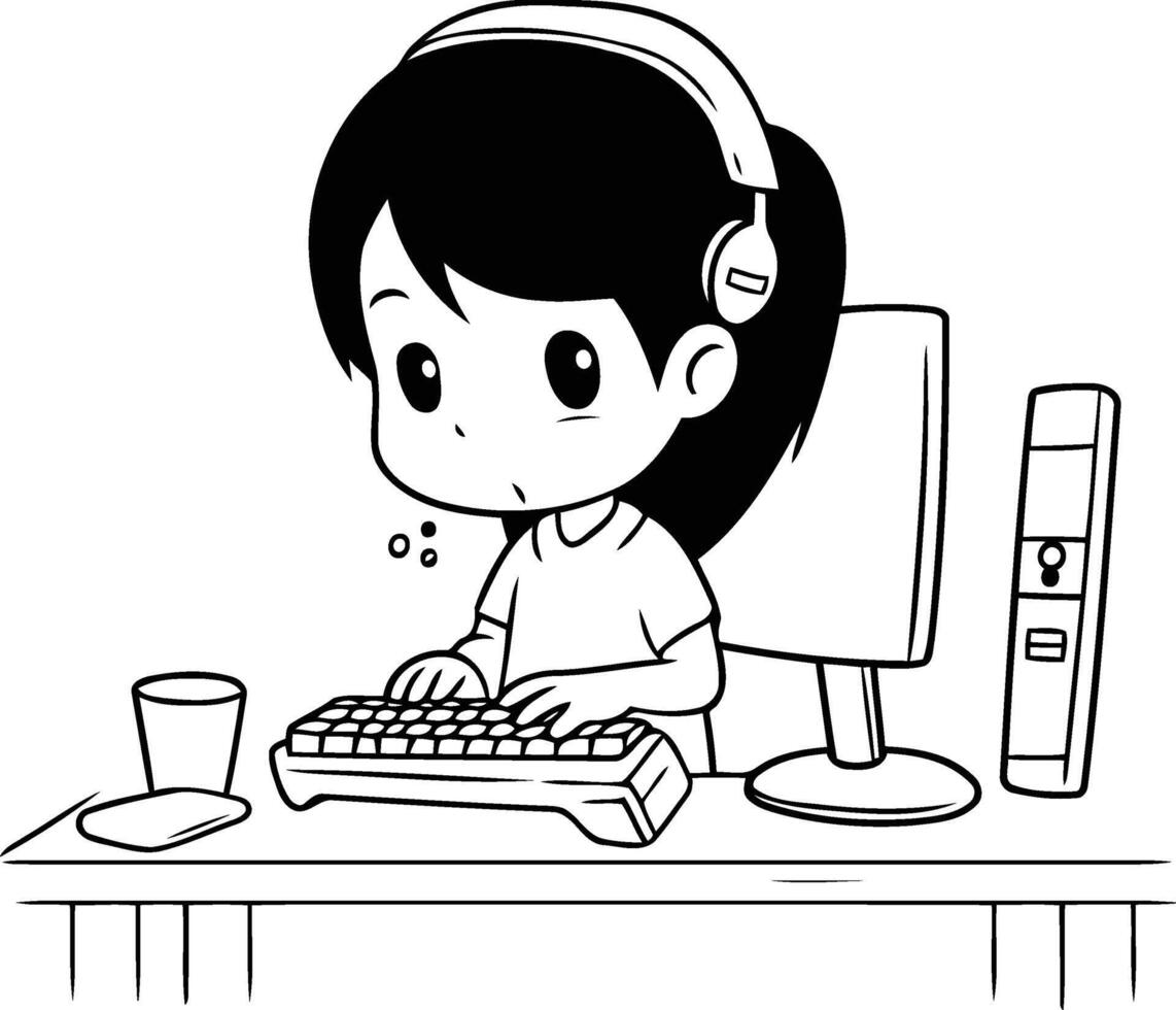 cute girl playing computer game with headphone and mouse illustration graphic design vector