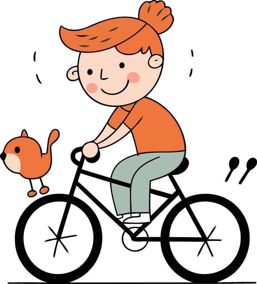 illustration of a girl riding a bicycle with a little dog. vector