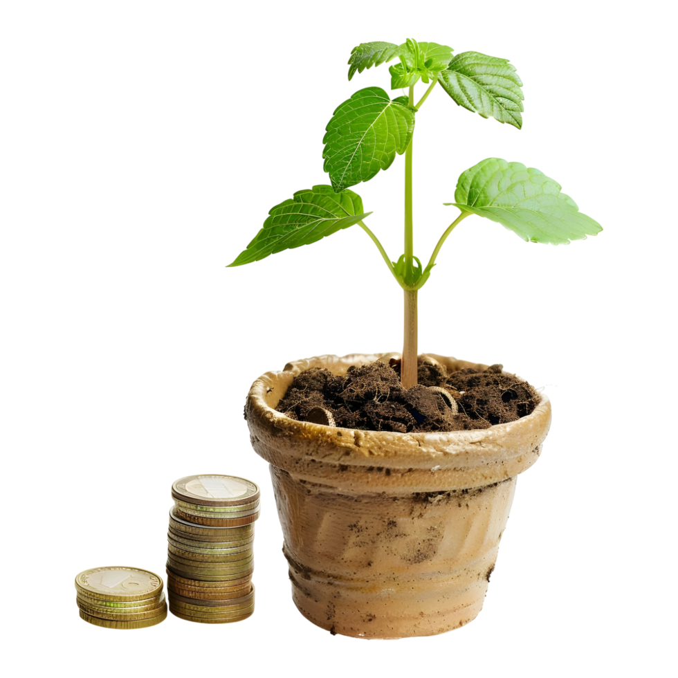 Flowers in a Pot with Coins Growth on Transparent Background png