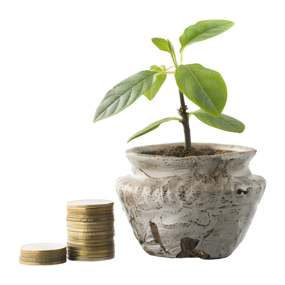 Flowers in a Pot with Coins Growth on Transparent Background png