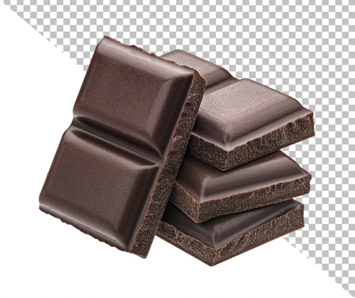 Stack of chocolate pieces isolated on white background psd