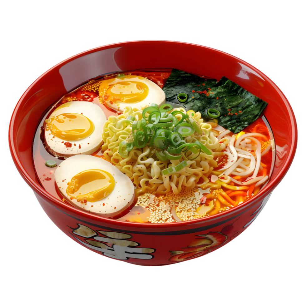 Bowl of ramen with a bowl of noodles and a fried egg on Transparent Background png