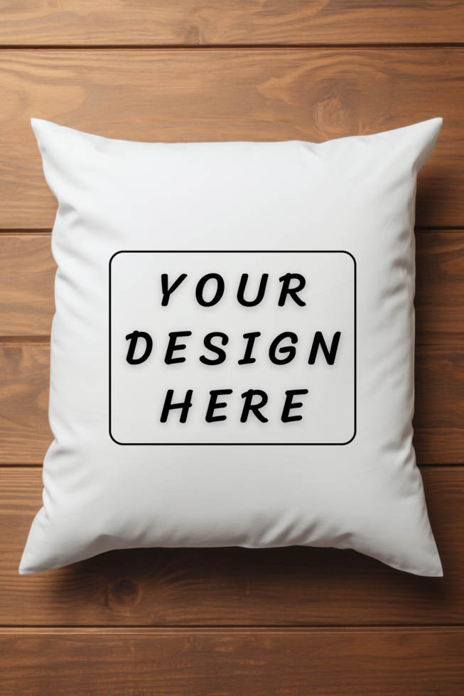 White square pillow mockup on wooden table background psd
