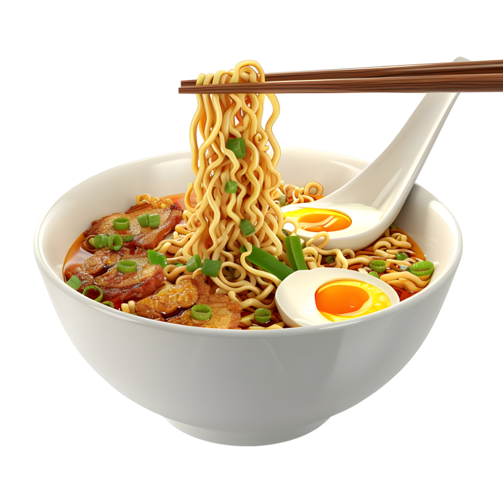 Bowl of ramen with a bowl of noodles and a fried egg on Transparent Background png
