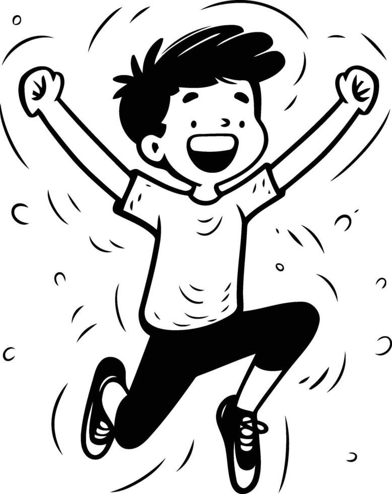 Happy boy jumping with raised hands in cartoon style. vector