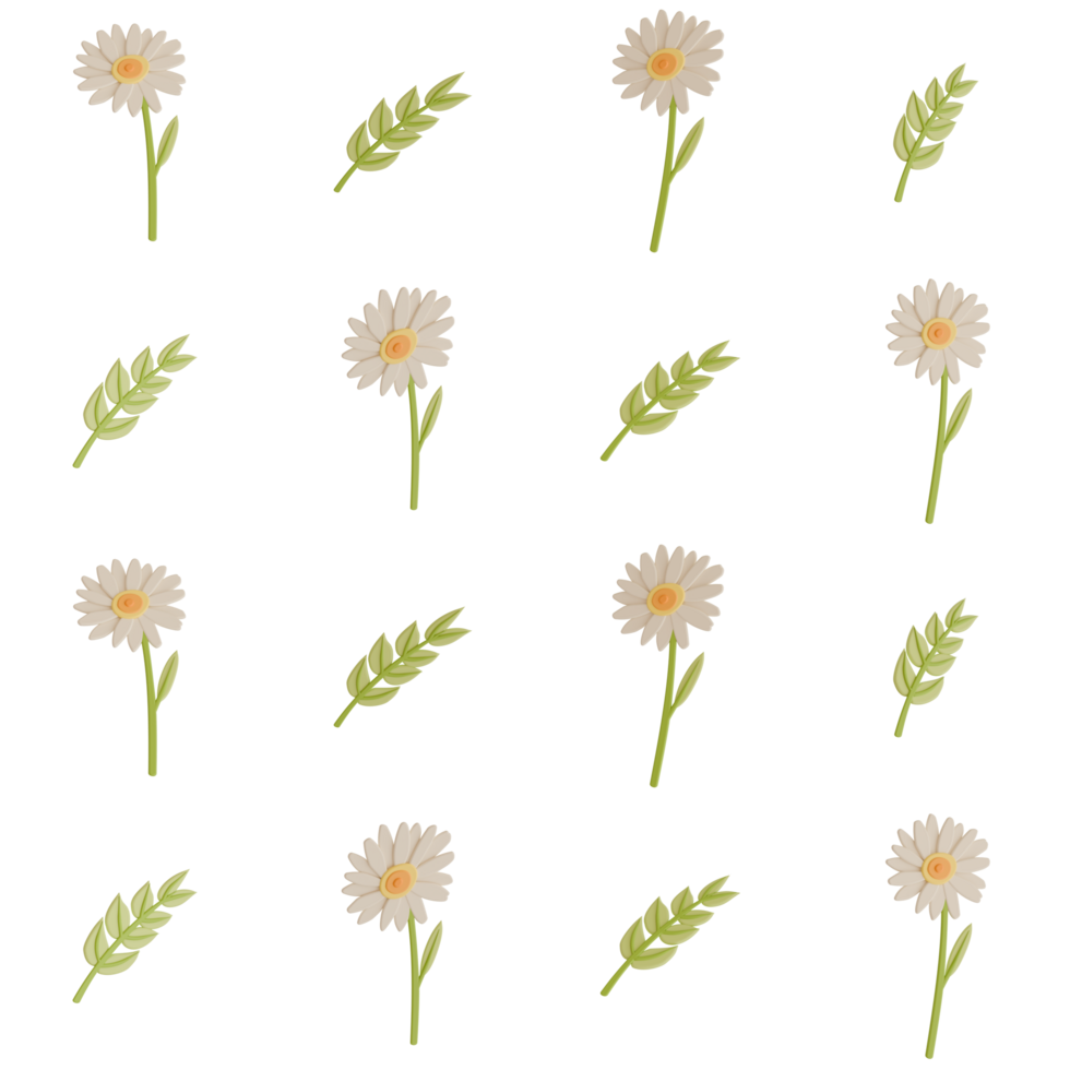 A seamless pattern of branch leaves and daisy transparent background in a Smooth shape floral concept,3D illustration png