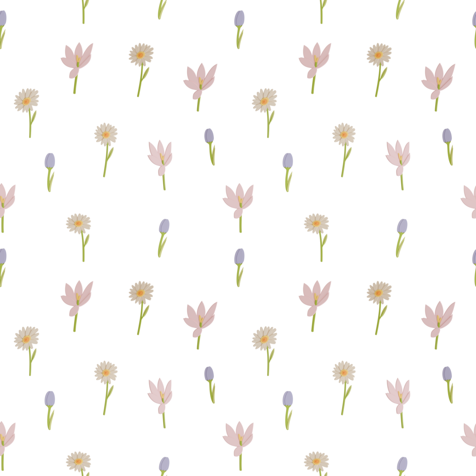 A seamless pattern of tulip, crocus, and daisy transparent background in a Smooth shape floral concept,3D illustration png