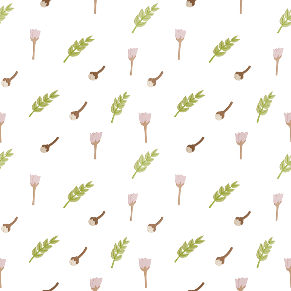A seamless pattern of plumeria, apple blossom, and branch leaves transparent background in a Smooth shape floral concept,3D illustration png