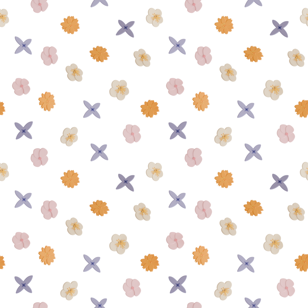 A seamless pattern of lilac, plumeria, apple blossom, and cosmos transparent background in a Smooth shape floral concept,3D illustration png
